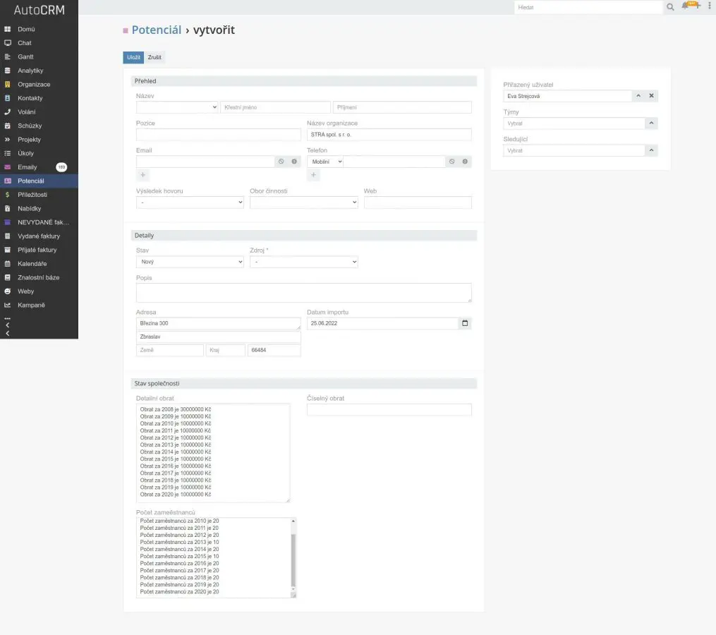 Detail firmy s automaticky vyplnenými údajmi